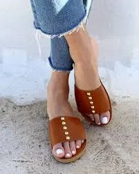 Leather Slides Tan Natural Color With Gold Studs , made in Greece handmade leather sandals