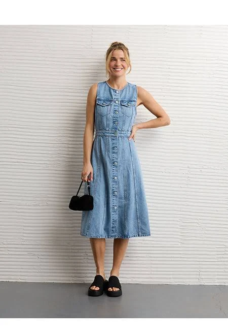 Sleeveless button-front denim midi dress with a self-tie belt