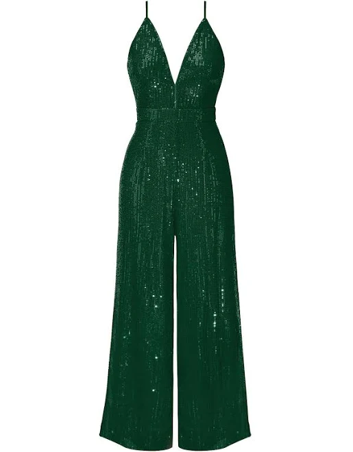 Sequin V-Neck Wide-Leg Jumpsuit