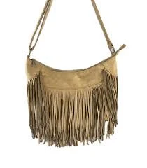 Tan Suede Fringe Crossbody Shoulder Bag Western Vegan Faux Suede Adjust Strap