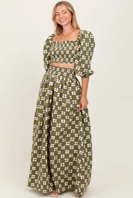 Olive Printed Smocked Crop Top Maxi Skirt Set