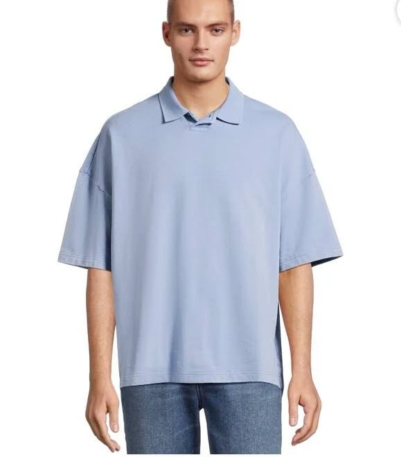 No Boundaries Men's Chambray Blue Oversized French Terry Polo Shirt Xs