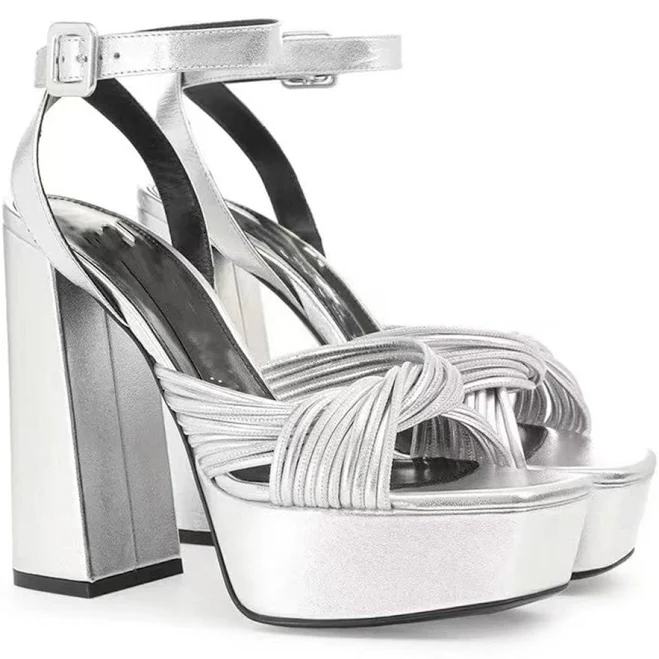 WEDTREND Women's Metallic Silver Leather Block Heel Platform Sandals