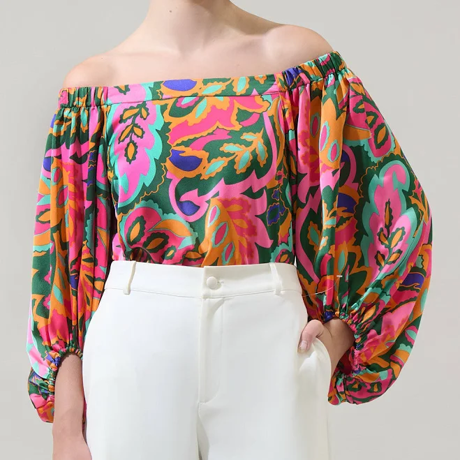 Sugarlips Off-The-Shoulder Tropical Print Satin Blouse with Balloon Sleeves