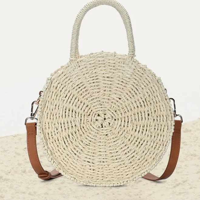 Top Handle Circle Straw Crossbody Bag - Cream