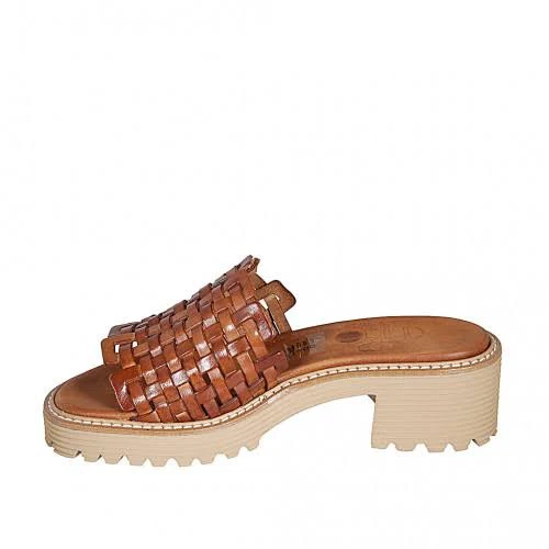 Braided Leather Mule with Brown Heel