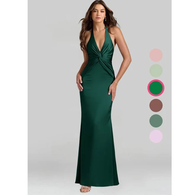 Azazie Bridesmaid Dresses Mermaid Halter Neck Floor-Length Stretch Satin