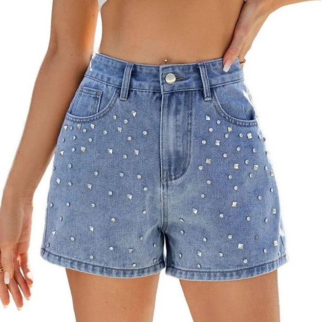 Women's Denim Shorts High Waist Rhinestone Shine Jean Short Y2K Summer Casual Jean Shorts, Size: XL, Blue