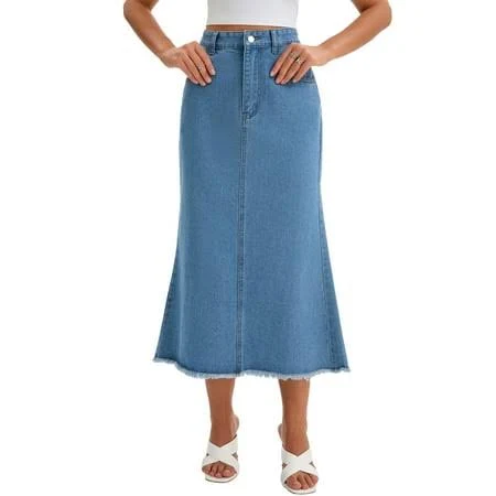 Inspire Chic Women's High-Waisted Raw Hem Denim Maxi Skirt