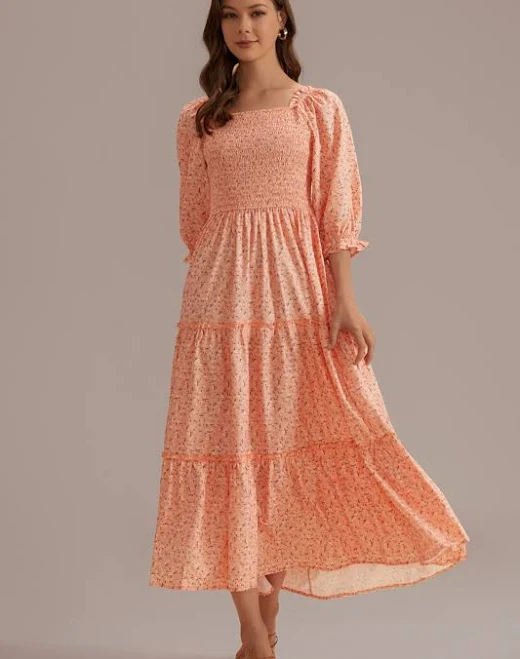 Floral Short Puff Sleeve Square Neck Smocked Tiered Midi Dress