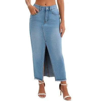 Inspire Chic Women's High Waist Split Front Denim Maxi Skirt with Pockets
