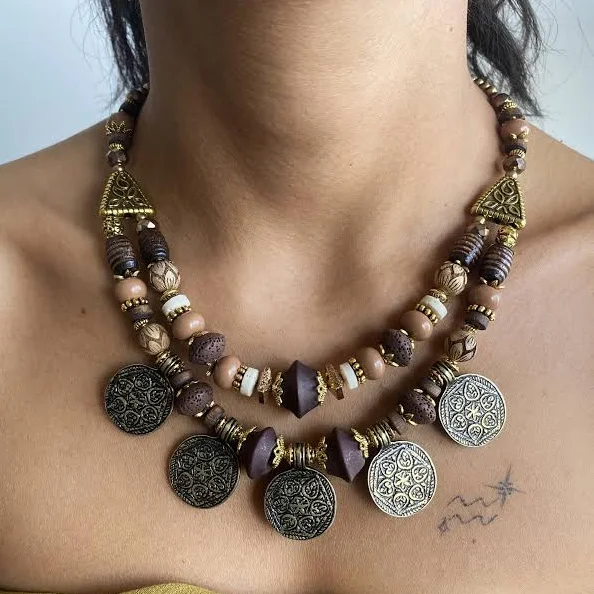 Turkish Boho Tribal Bronze Coin Statement Necklace