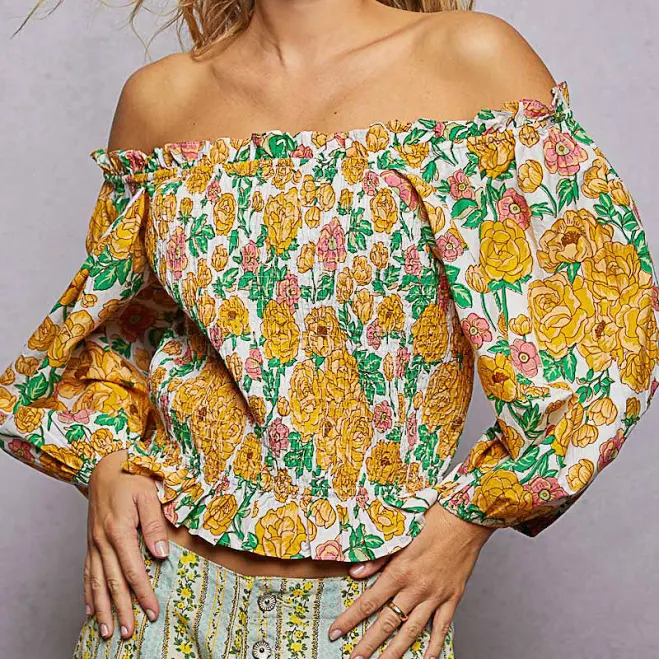 Off-Shoulder Smocked Floral Print Blouse