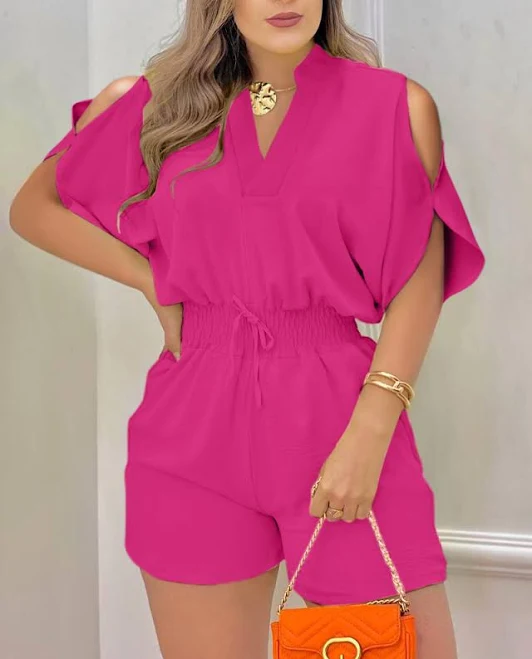 Tailored short-sleeve romper with a collared V-neck and self-tie waist