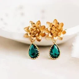 Waterlily Flower Gold Plated Emerald Drop Earrings