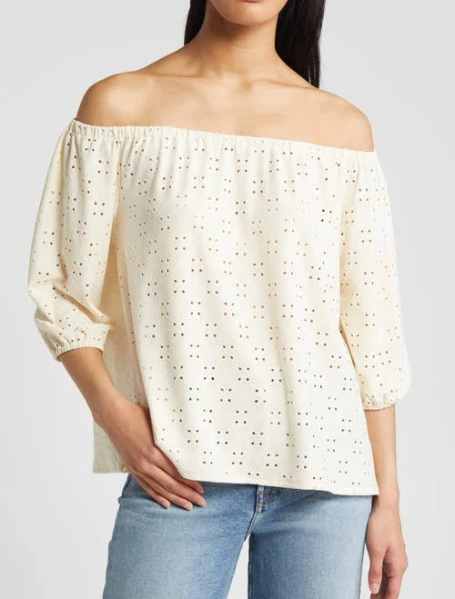 Loveappella Women's Off-the-Shoulder Eyelet Top