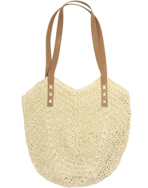 Ivy Straw Woven Shoulder Bag with Faux Leather Handles