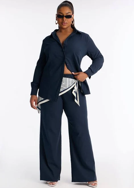Fashion Nova Linen Long Sleeve Button Up Shirt and Wide Leg Pant Set