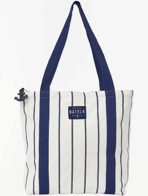 D7258 - Striped Tote Bag, Cotton, Cream/Navy, L : 14.1" - H : 14.1"