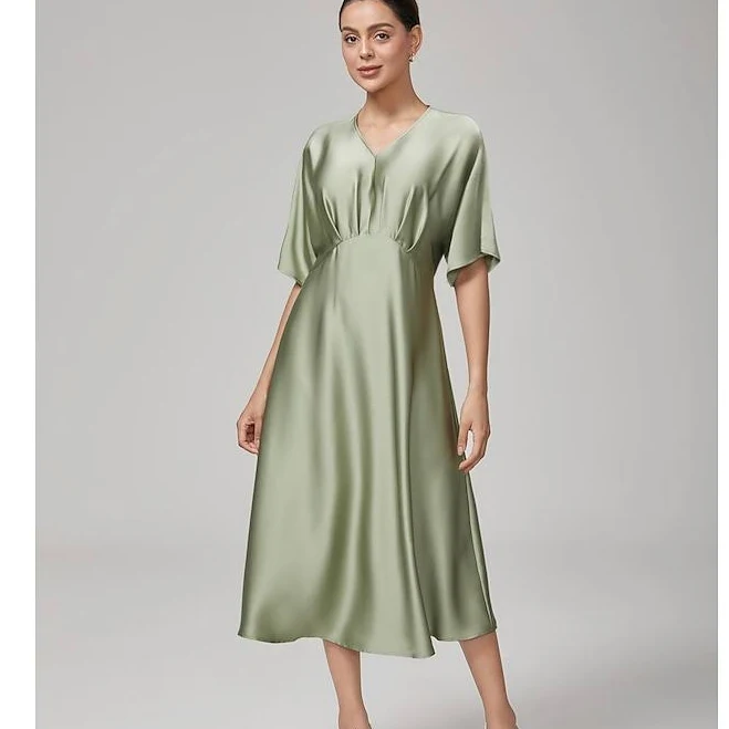 Green Women's V-Neck Dolman Sleeve Midi Dress Reverse Pleat Satin Casual