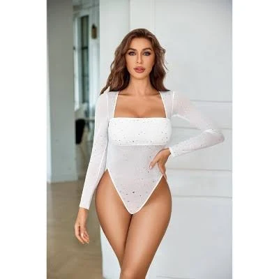 Avidlove Women's Trendy Square Neck Long Sleeve Rhinestone Sheer Mesh Bodysuits Tops White L