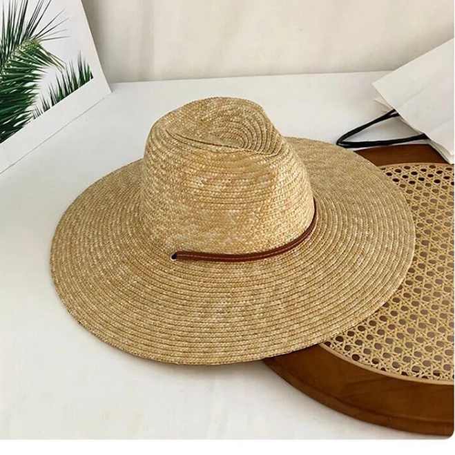 Wide Brim Straw Fedora Hat with Leather Strap