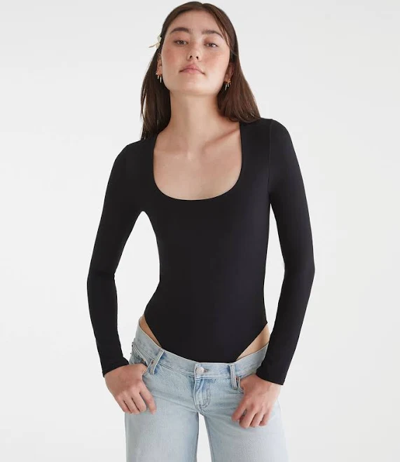 Aeropostale Women's Long Sleeve Square-Neck Nylon Bodysuit