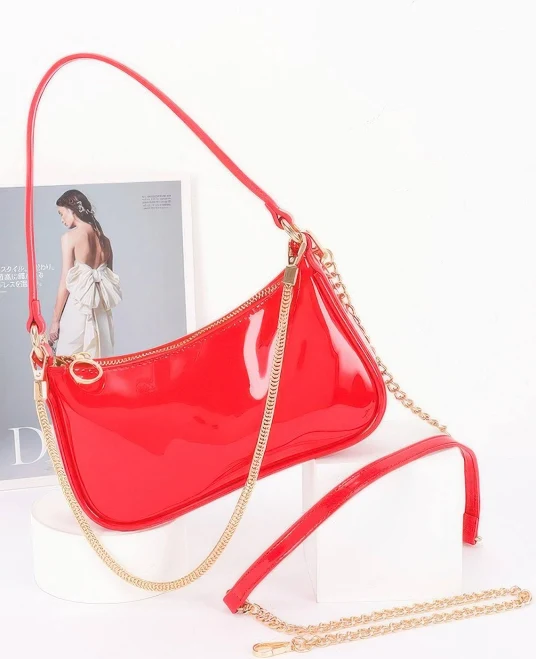 Patent Vegan Leather Chain Shoulder Bag Red