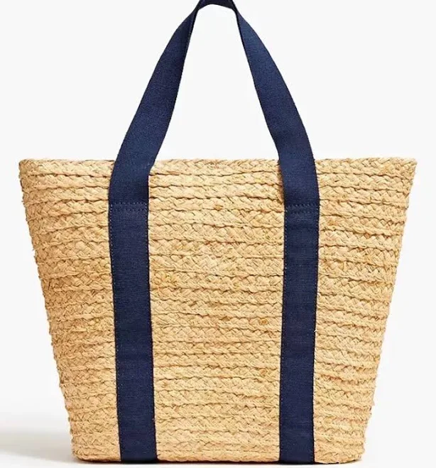 J.crew Raffia Straw Structured Tote Bag, Navy Handles, Travel, Beach,