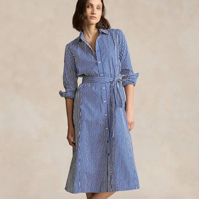 Midi shirtdress with vertical navy and white stripes, tie waist, and button-front closure