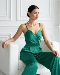 Emerald Green Elegant Satin Wide-Leg Formal Jumpsuit for Evening Events