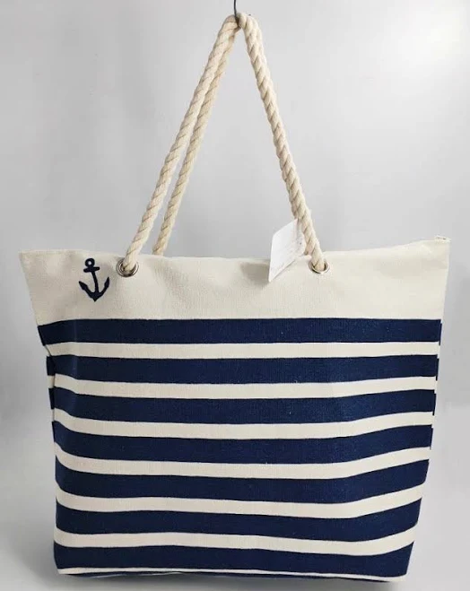 Women Large Tote Bag with Rope Handles, Navy Striped Swim Pool Bag Large Tote, Arts and Crafts Beach Tote Bag