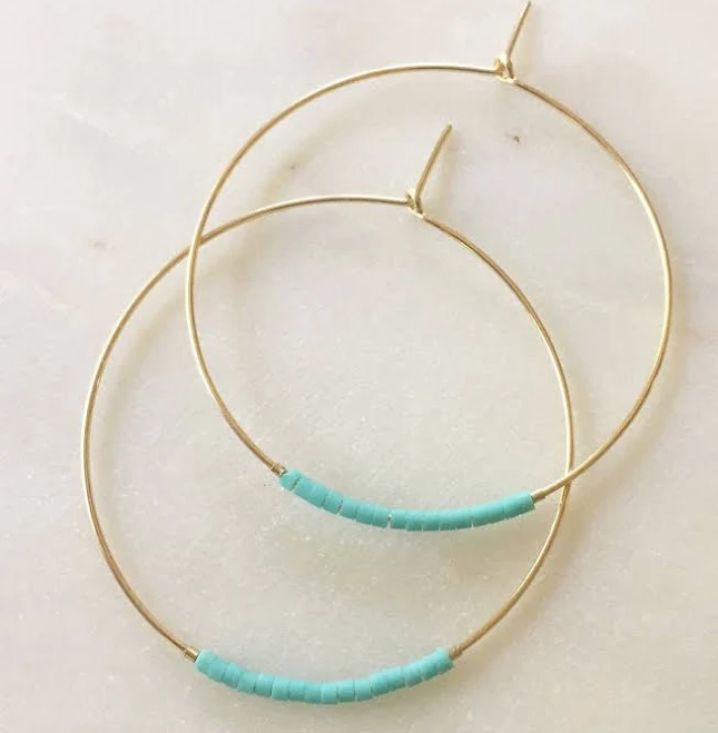Modern Turquoise Beaded Gold Hoop Earrings