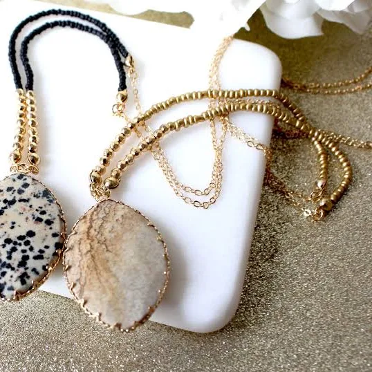 Long Layering Necklace: Natural stone pendant Gold beaded pointed necklace subtle dainty organic necklace