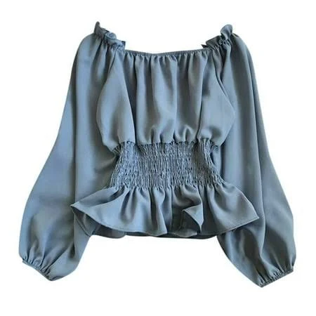 Xiaocha Womens Flowy Cropped Blouse Off Shoulder Smocked Waist Puff Sleeve Top Figure Flattering Feminine Party Going Out Shirt, Women's, Size: Large,