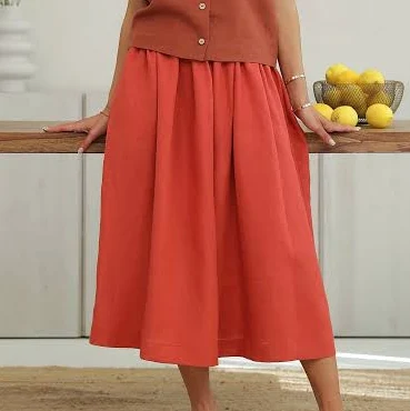 High Waisted Gathered Linen Midi Skirt with Pockets