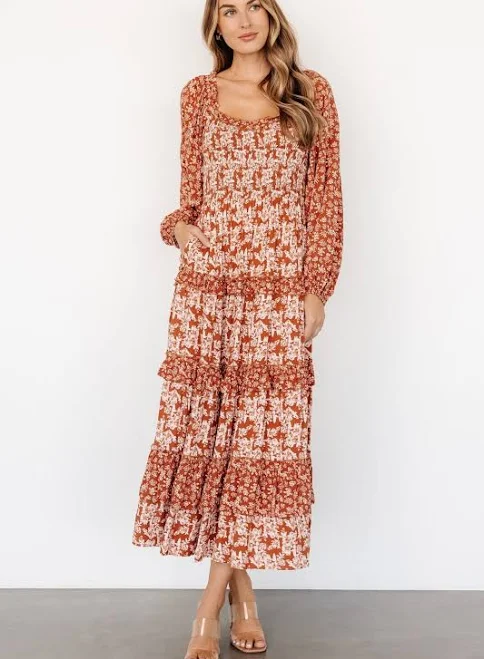 Baltic Born Dynah Tiered Midi Dress Rust & Cream Floral