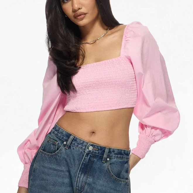 Missguided Puff Sleeve Shirred Crop Top