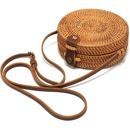 Namzi Circle Rattan Straw Crossbody Bag with Leather Strap