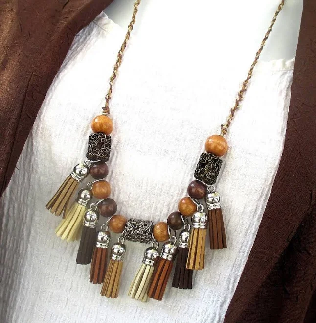 Boho Wood Bead Tassel Necklace with Cotton Cord