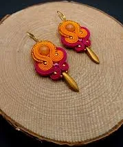 Orange fuchsia gold dangle soutache earrings, colorful jewelry in boho style, embroidered fashion jewelry, stone jewelry, gift for her