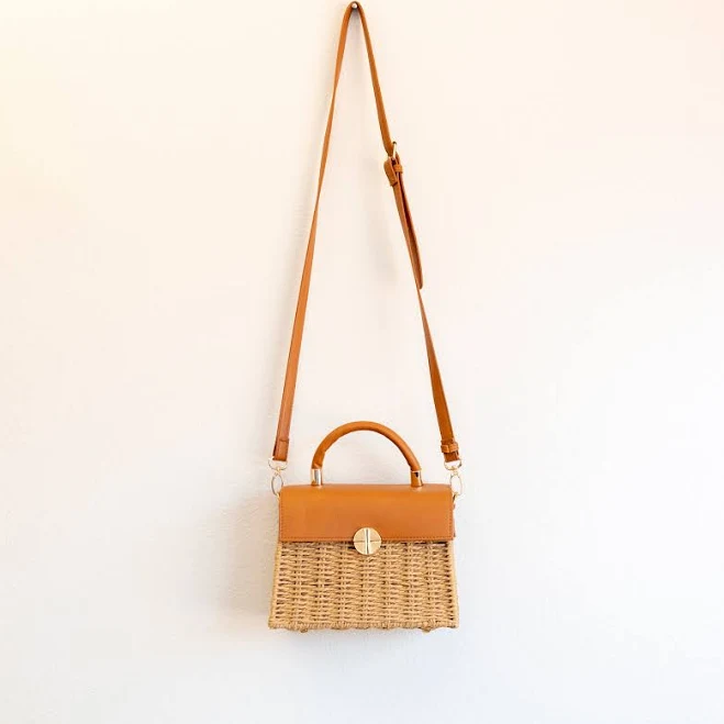Elena Straw Woven Box Bag with Leather Flap