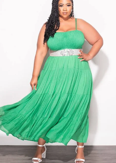 Final Sale Plus Size Spaghetti Frill Tiered Maxi Dress in Green