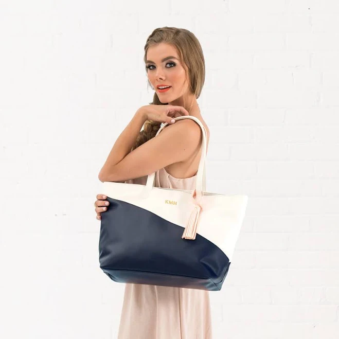 Weddingstar Personalized Color Block Faux Leather Tote Bag