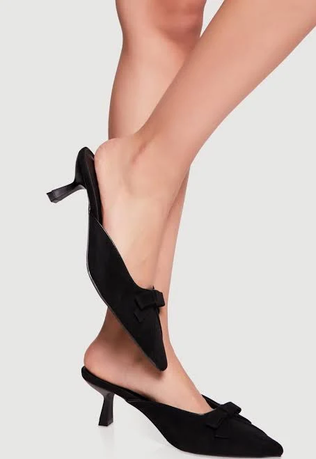 Women's Pointy Toe Mid Heel Mules with Bow Detail