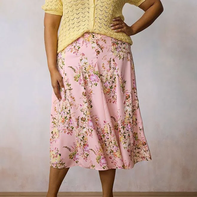 Plus Size LC Lauren Conrad High-Rise Godet Midi Skirt, Women's, Size: 3XL, Blush Cleo Blooms