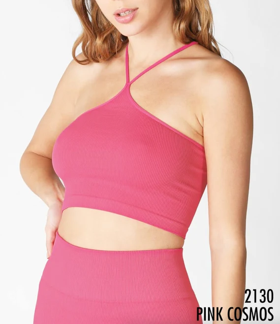 Bright Pink Ribbed Halter Crop Bralette Top by Nikibiki