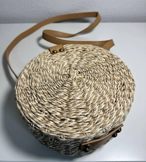 World Market Round Straw Crossbody Bag with Faux...