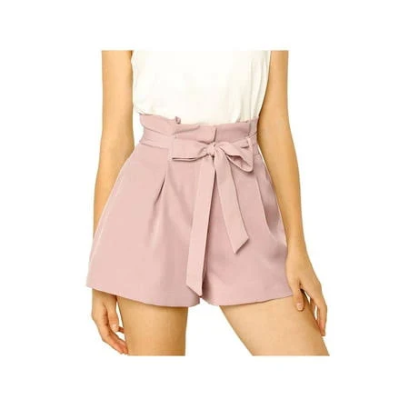 Allegra K Women's Elegant Bow Self-Tie Belt High Paper Bag Waist Shorts