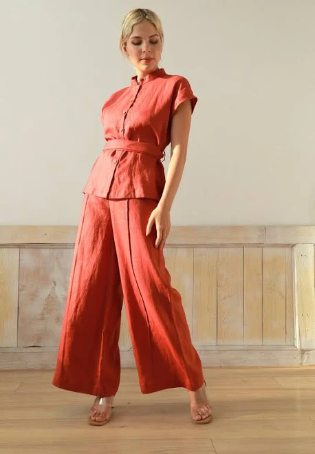 LINEN Two Piece Set with Wide Leg Pants